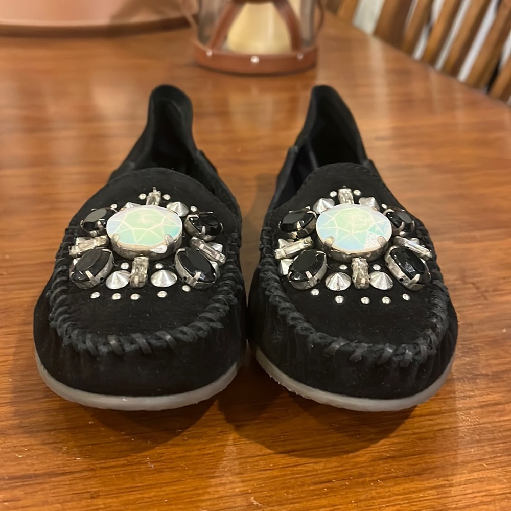 Free People Cherokee Gem Stone Moccasin Shoes Flats Black Suede Womens Size 8 - Picture 5 of 13